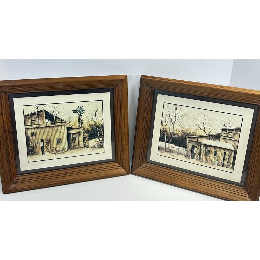 Pair Vintage Robert Nidy Framed Barn Prints Rustic Farmhouse Wall Art Set